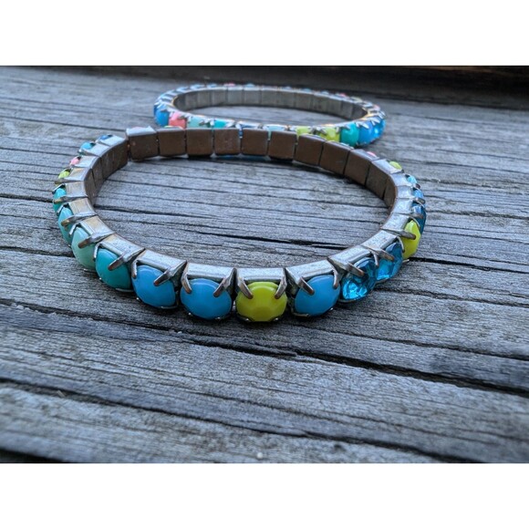 Vintage Rhinestone Stretch Bracelet, 80s Pastel Bracelet Set - Picture 9 of 10